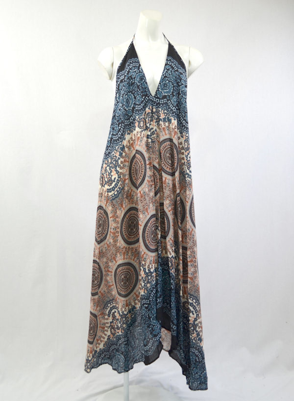 Tan Blue Mandala Open Back Dress
